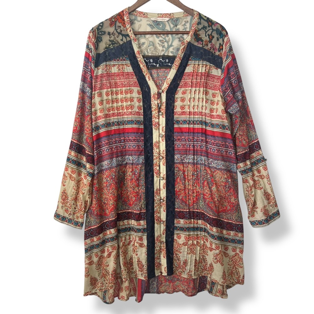 Soft‎ Surroundings XL Aleyna Blouse Paisley Velvet Lace Cotton Boho Patchwork